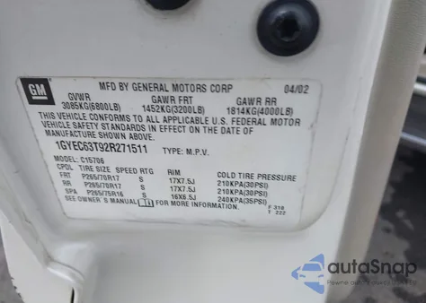 2002 Cadillac Escalade Standard from USA, damaged, VIN 1GYEC63T92R271511